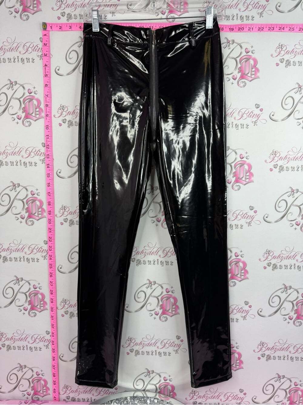 Pants crotch zip up zipper Black Patent Faux Leather Leggings
